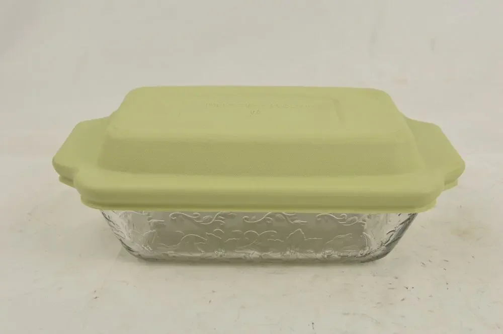 Princess House Fantasia 1.5 Qt Glass Loaf Dish Baker w Green Lid Floral